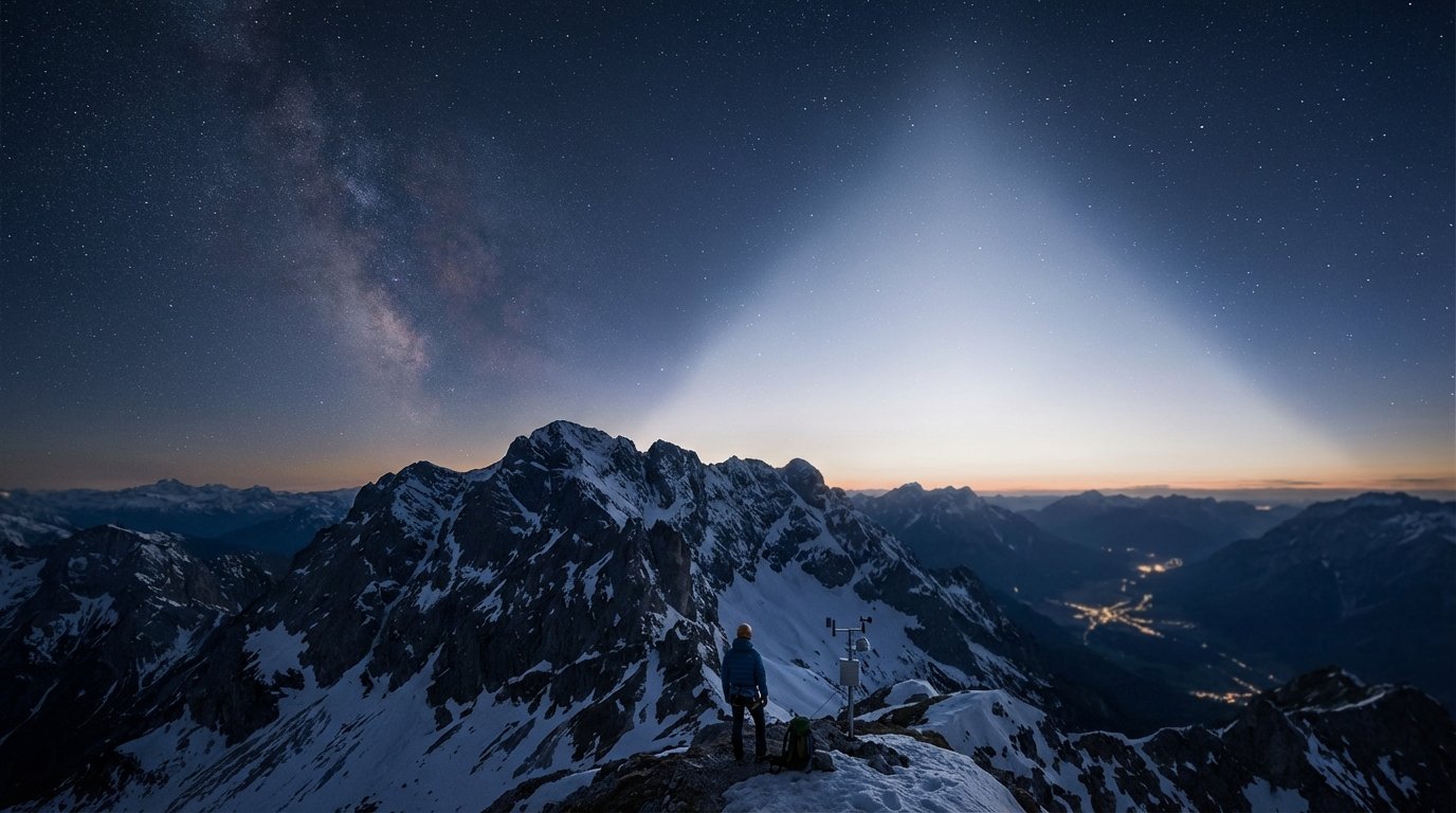 entdecken Sie das faszinierende Zodiakallicht am Winterhimmel, ein pyramidenförmiges Leuchten das von interplanetarer Staubwolke reflektiert wird
