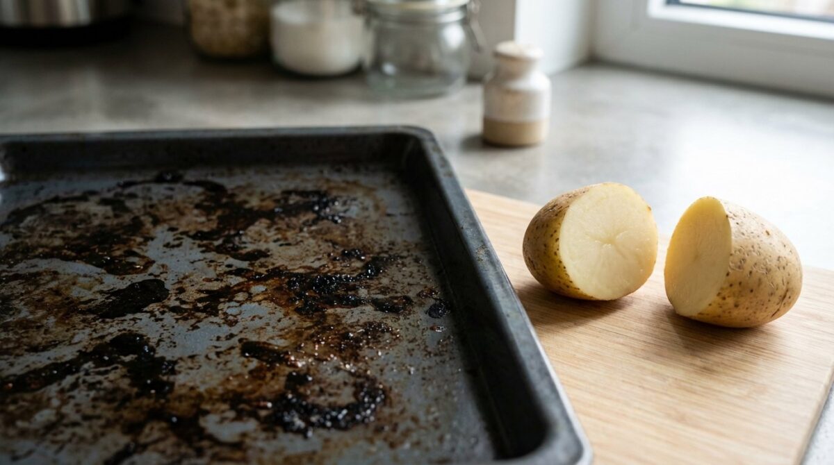 entdecken Sie den natürlichen Trick mit Gemüse aus Ihrer Küche, um hartnäckige Verschmutzung vom Backblech zu entfernen ganz ohne aggressive Chemikalien