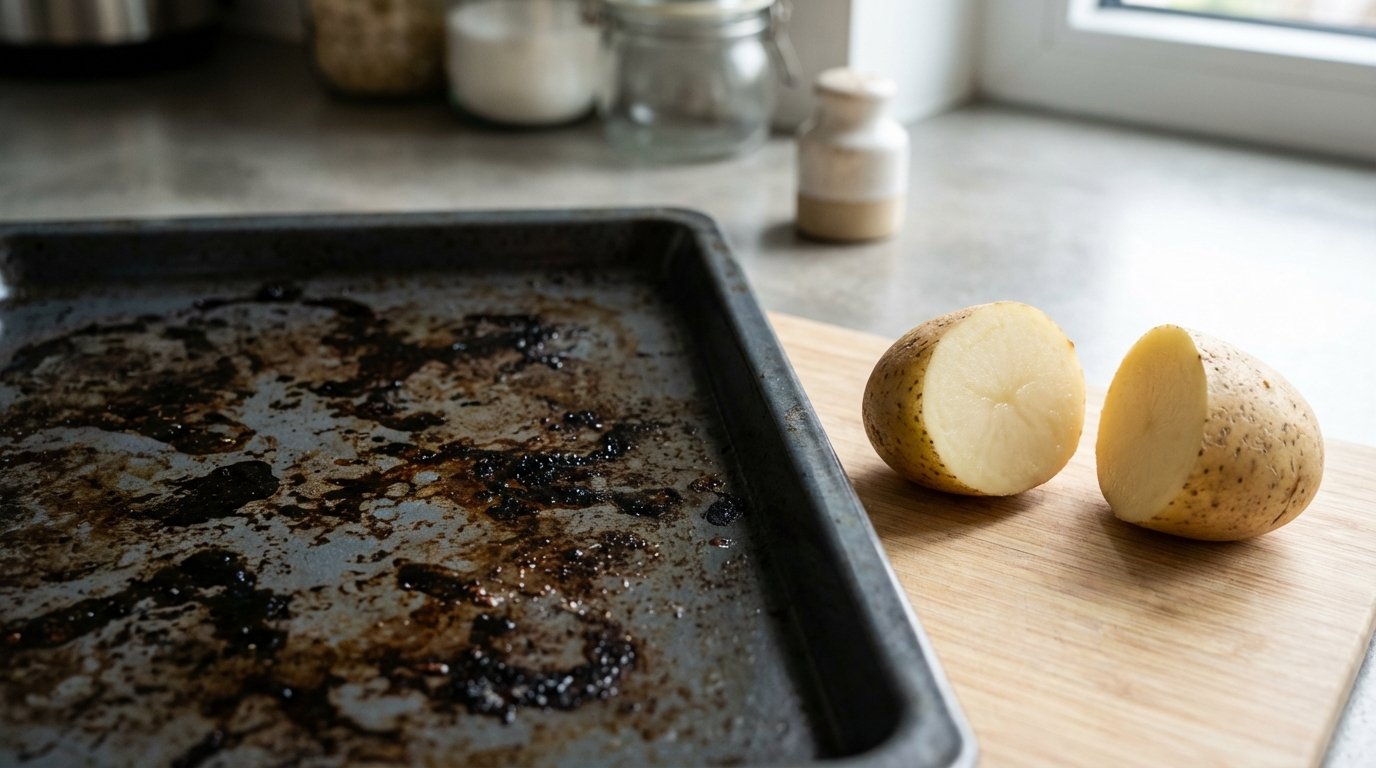 entdecken Sie den natürlichen Trick mit Gemüse aus Ihrer Küche, um hartnäckige Verschmutzung vom Backblech zu entfernen ganz ohne aggressive Chemikalien