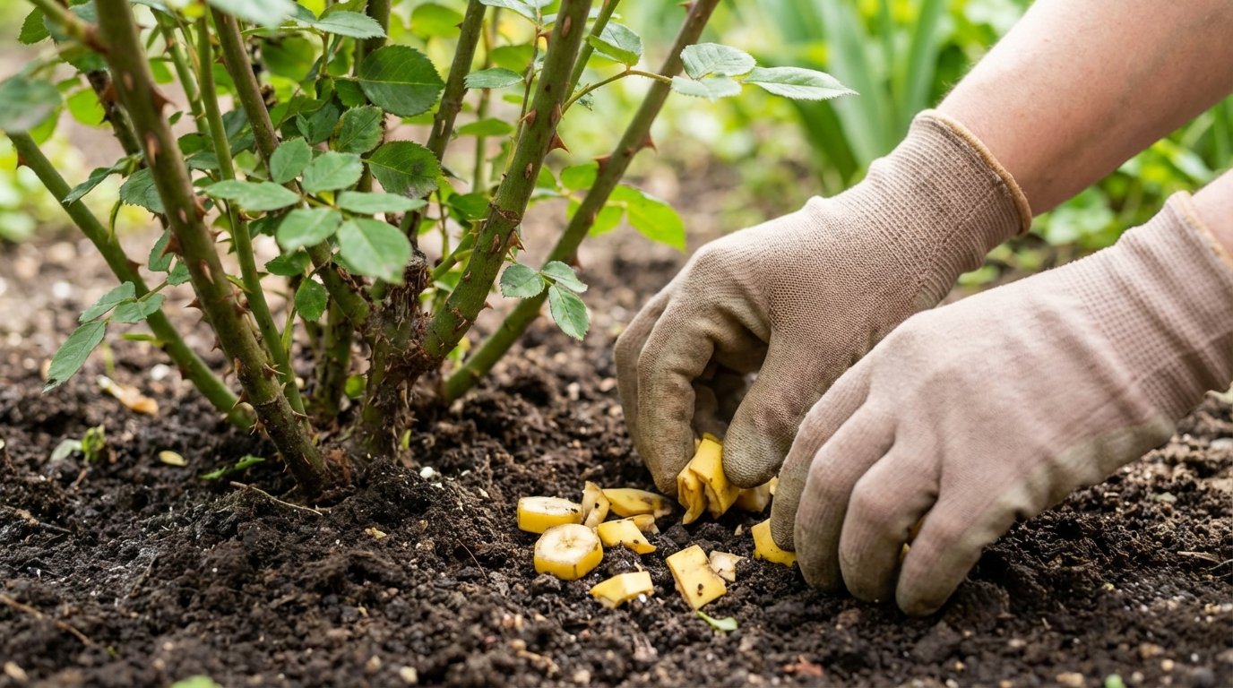 entdecken Sie das einfache Geheimnis: Bananenschalen im Garten vergraben für spektakuläre Rosenblüten und gesundes Pflanzenwachstum