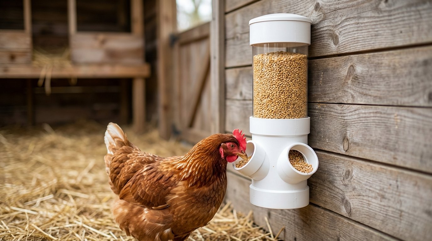 entdecken Sie 12 selbstgebaute Futtertröge und Tränken für Hühner aus Haushaltsabfällen, die Futterverschwendung um über 50% reduzieren und quasi kostenlos sind