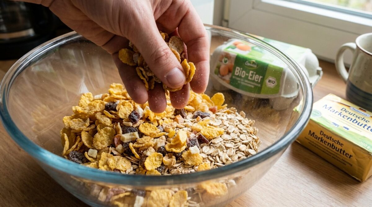 entdecken Sie ein einfaches Express-Rezept für knusprige Anti-Verschwendungs-Cookies aus alten Frühstückszerealien statt industrielle Kekse zu kaufen