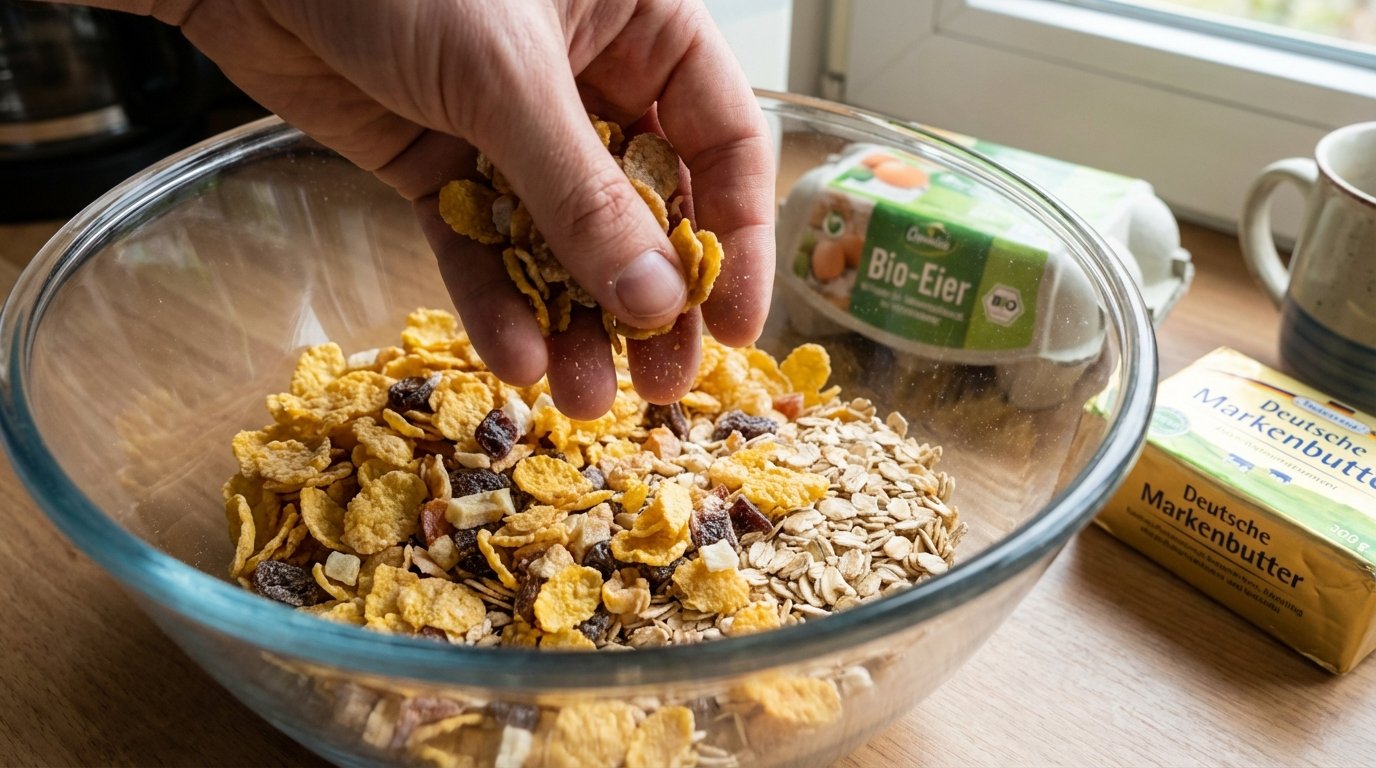 entdecken Sie ein einfaches Express-Rezept für knusprige Anti-Verschwendungs-Cookies aus alten Frühstückszerealien statt industrielle Kekse zu kaufen