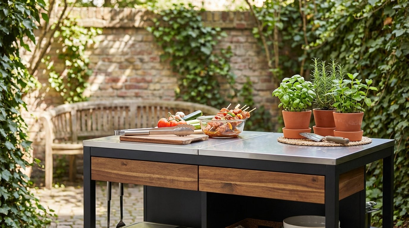 entdecken Sie das praktische IKEA 2-in-1 Außenmöbel, das kleine Höfe optimal nutzt und Platz für Grills und Gärtnern schafft