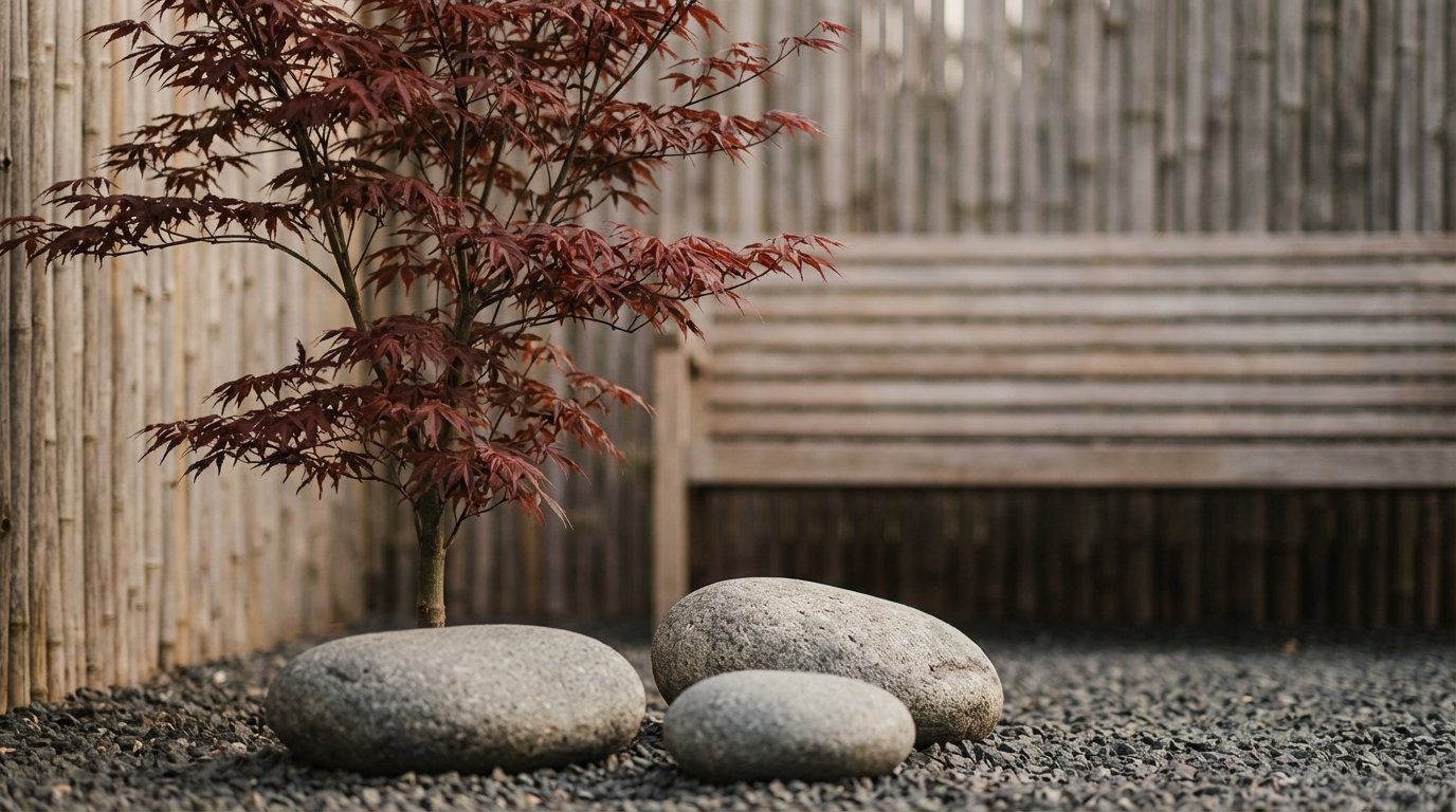 entdecken Sie die Essenz eines Japandi-Gartens: Minimalismus, natürliche Materialien und die Schönheit bewusster Unvollkommenheit in Ihrem Außenbereich