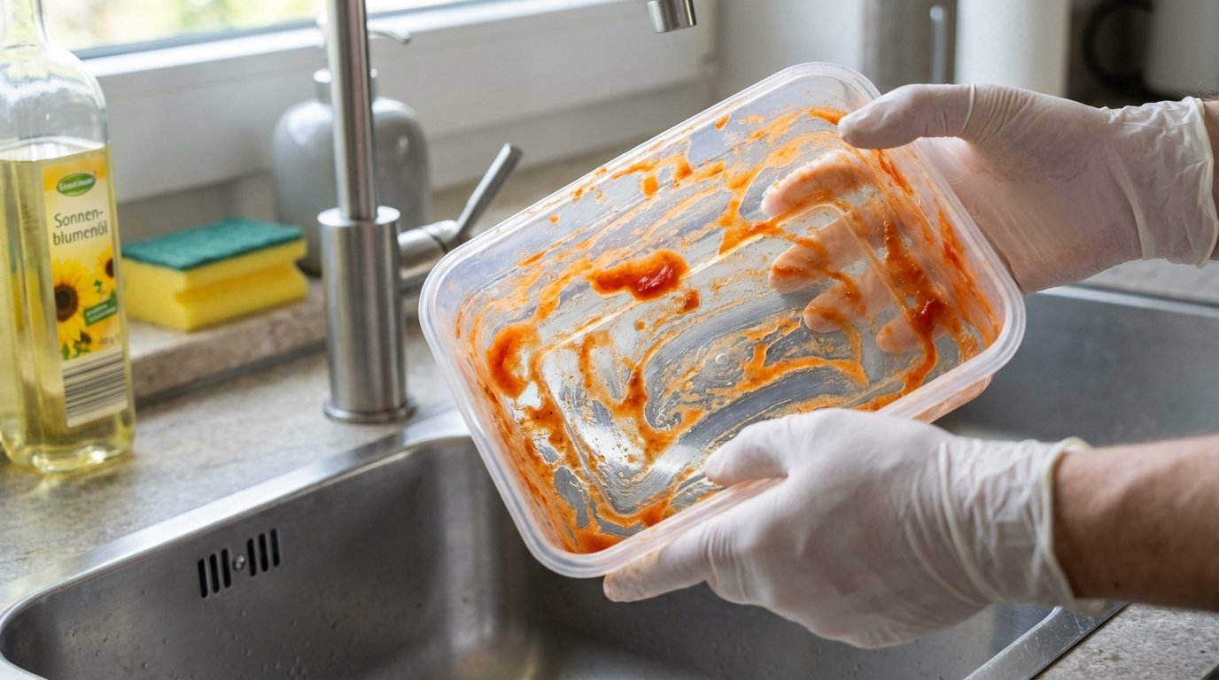 entdecken Sie den einfachen Trick mit Speiseöl, um Tomatensaucenflecken aus Plastikboxen zu entfernen und diese wiederzuverwenden