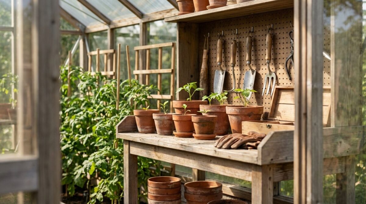 entdecken Sie 27 kreative Innenideen für Ihr Gewächshaus, um einen organisierten und gemütlichen Rückzugsort im Garten zu schaffen, ohne Anbaufläche zu verlieren