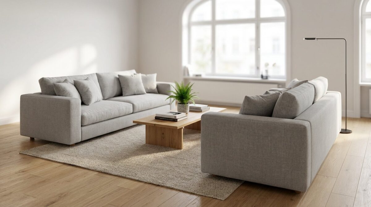 entdecken Sie, wie Sie Ihr Wohnzimmer durch eine alternative Möbelkonfiguration statt Eckcouch größer und heller gestalten können