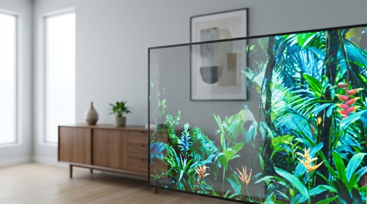entdecken Sie transparente Fernseher, die sich nahtlos in die Wohnzimmereinrichtung integrieren und bei Nichtgebrauch unsichtbar werden – die Zukunft des modernen Fernsehens