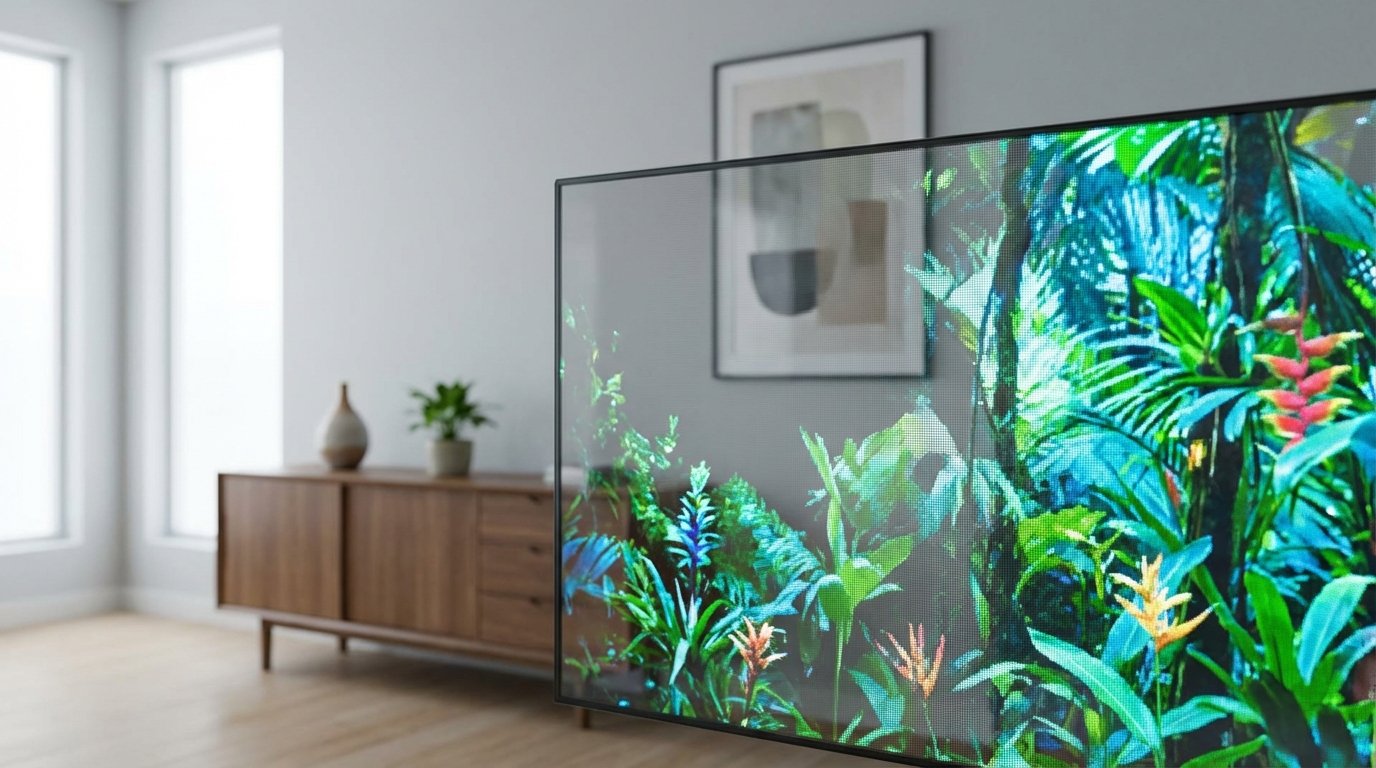 entdecken Sie transparente Fernseher, die sich nahtlos in die Wohnzimmereinrichtung integrieren und bei Nichtgebrauch unsichtbar werden – die Zukunft des modernen Fernsehens