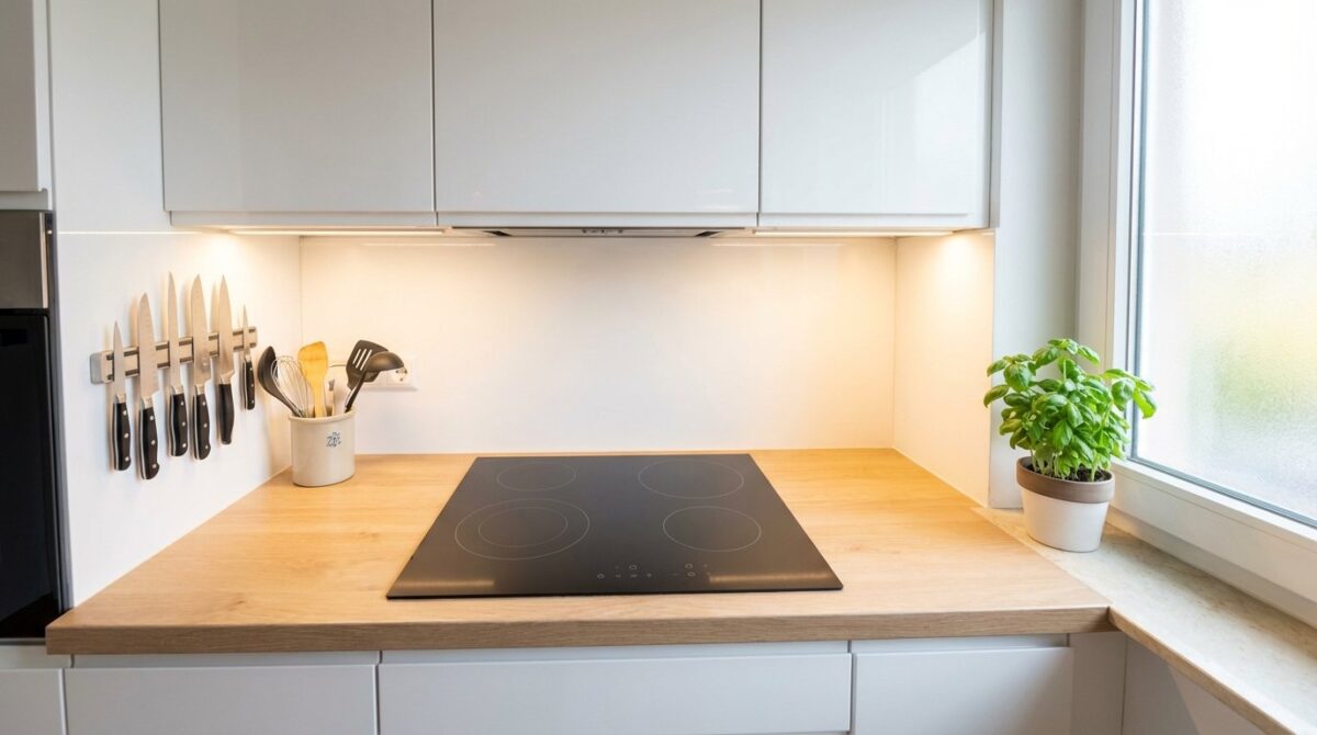 kleine küchen optimal gestalten: mit cleverer beleuchtung, raumplanung und visuellen tricks wirken enge räume größer und funktionaler