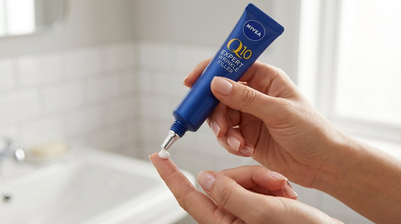 entdecken Sie die erstaunlichen Ergebnisse des Nivea Q10 Faltenfüllers im direkten Vorher-Nachher-Vergleich auf einer Gesichtshälfte