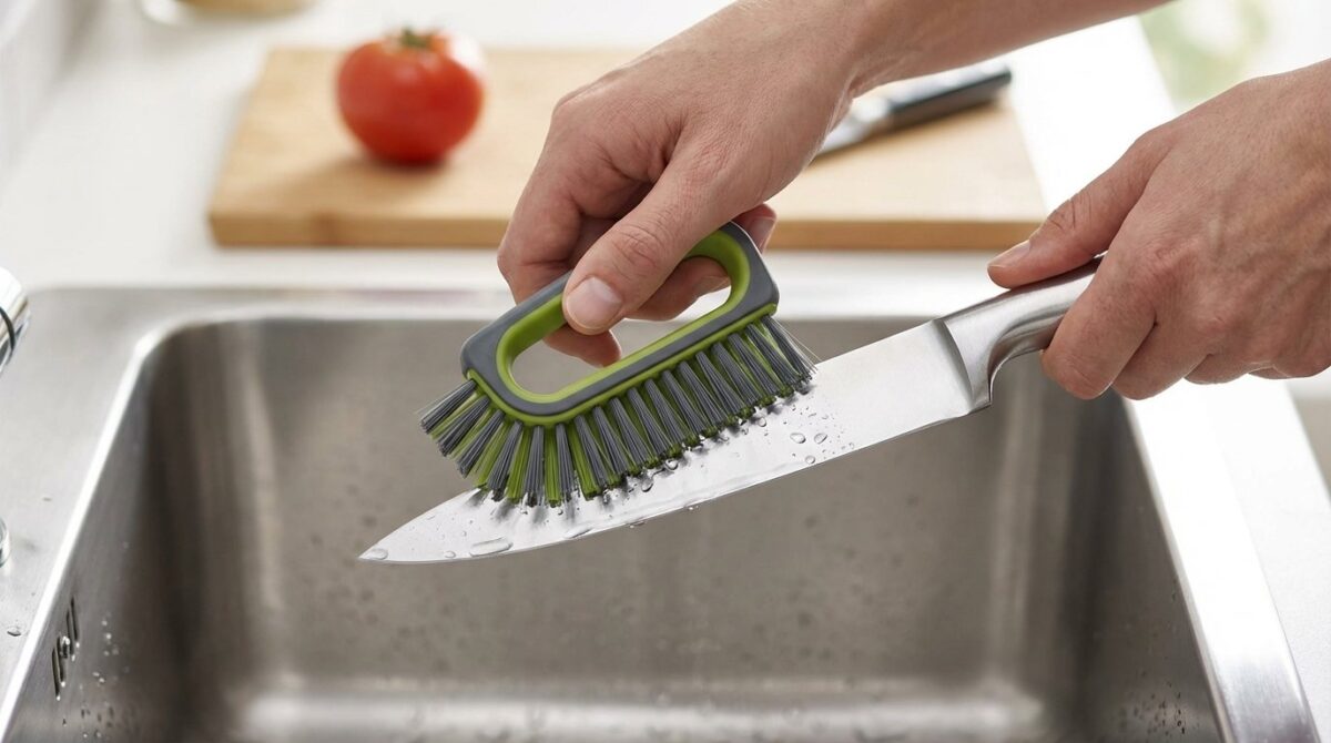 entdecken Sie die innovative Reinigungsbürste für Besteck, die Schnittverletzungen vermeidet und mit cleveren Design-Features herkömmliche Spülbürsten überflüssig macht