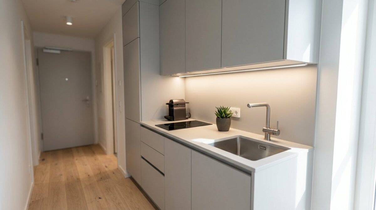 entdecken Sie, wie eine funktionsfähige Küche im Flur kleiner Wohnungen zum praktischen Herzstück wird und wertvollen Platz spart