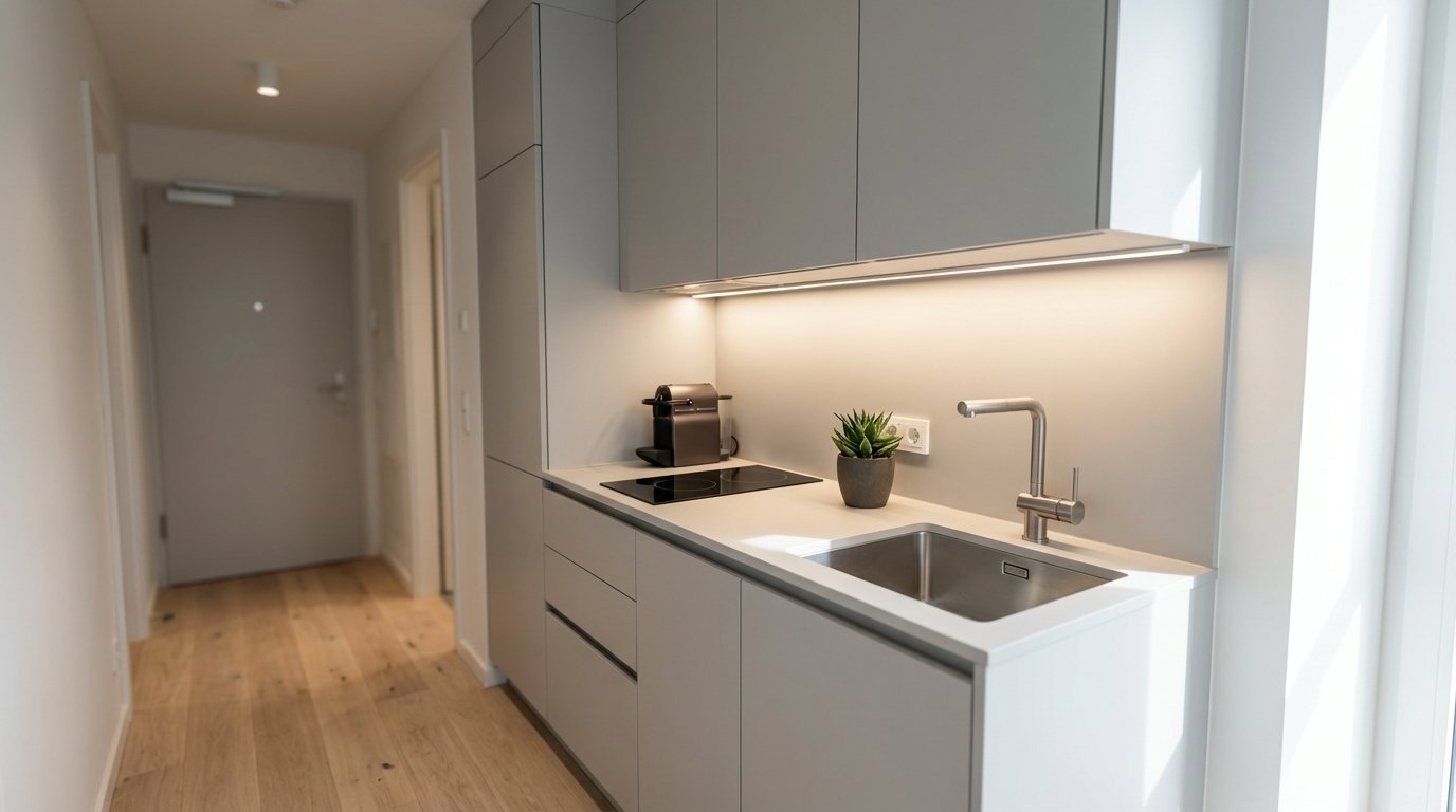 entdecken Sie, wie eine funktionsfähige Küche im Flur kleiner Wohnungen zum praktischen Herzstück wird und wertvollen Platz spart