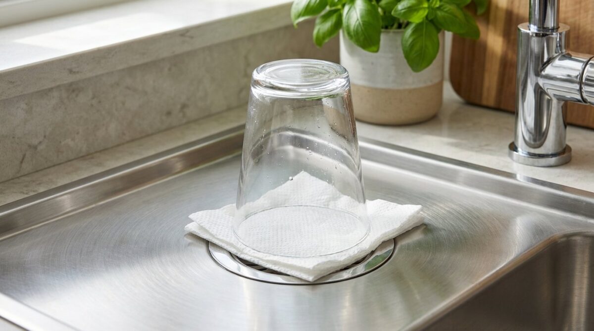 entdecken Sie, wie ein Glas Wasser und Papiertuch üble Gerüche aus Ihrer Spüle während des Urlaubs verhindern