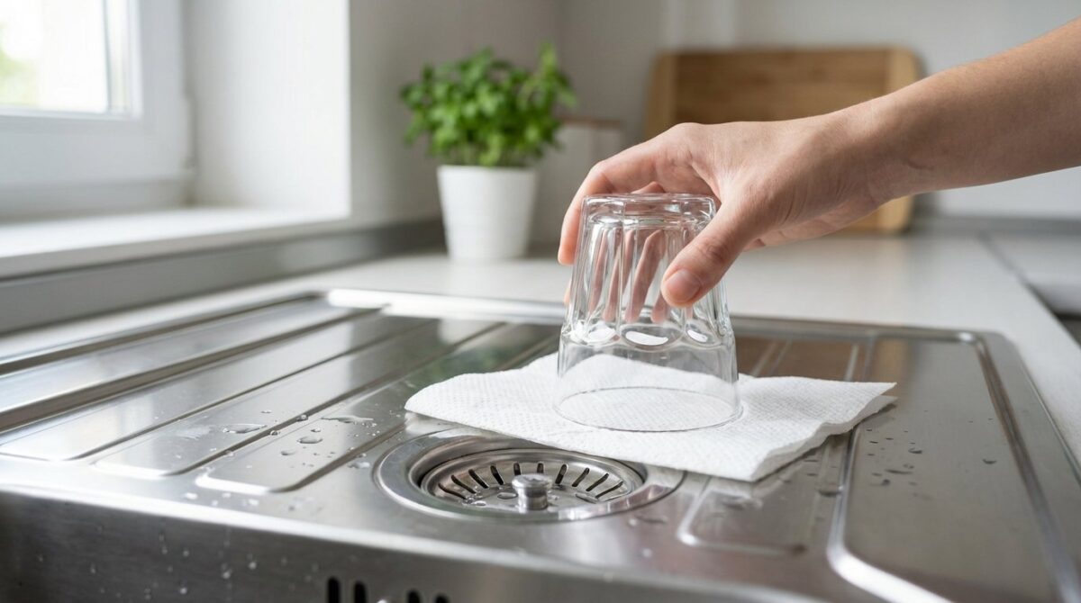 entdecken Sie das einfache Geheimnis gegen Spülbecken Geruch: ein Glas Wasser und Papiertuch während des Urlaubs verhindern unangenehme Überraschungen zuhause