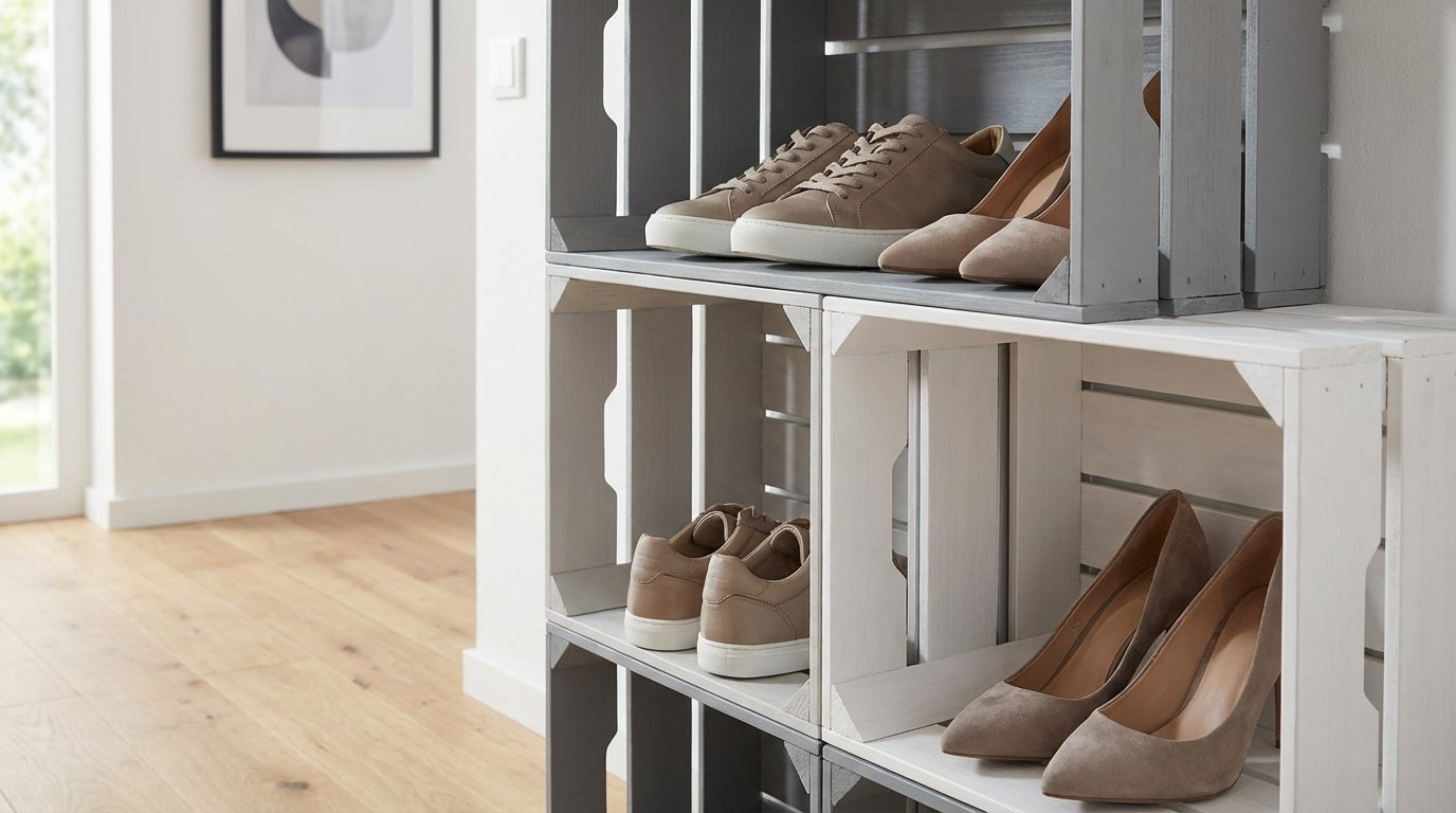 entdecken Sie 8 kreative DIY-Aufbewahrungslösungen für Schuhe aus Altmaterialien, die ein teures Schuhregal ersetzen und Ihren Eingangsbereich stilvoll organisieren